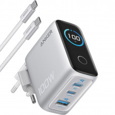 Мережевий зарядний пристрій Anker GaN Charger 100W, 2xUSB-C, 1xUSB-A, Display Silver (B121BG41) + кабель USB Type-C