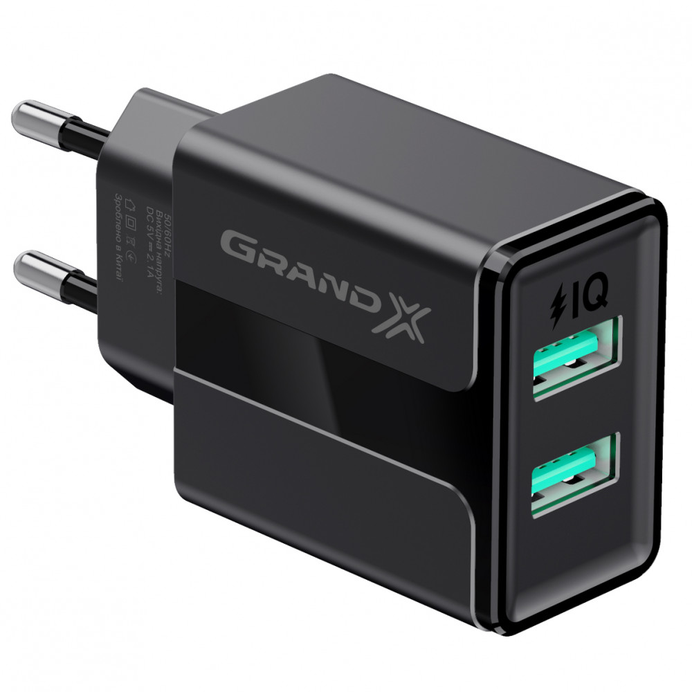 Мережевий зарядний пристрій Grand-X CH-15B (2xUSB 2.1A) Black