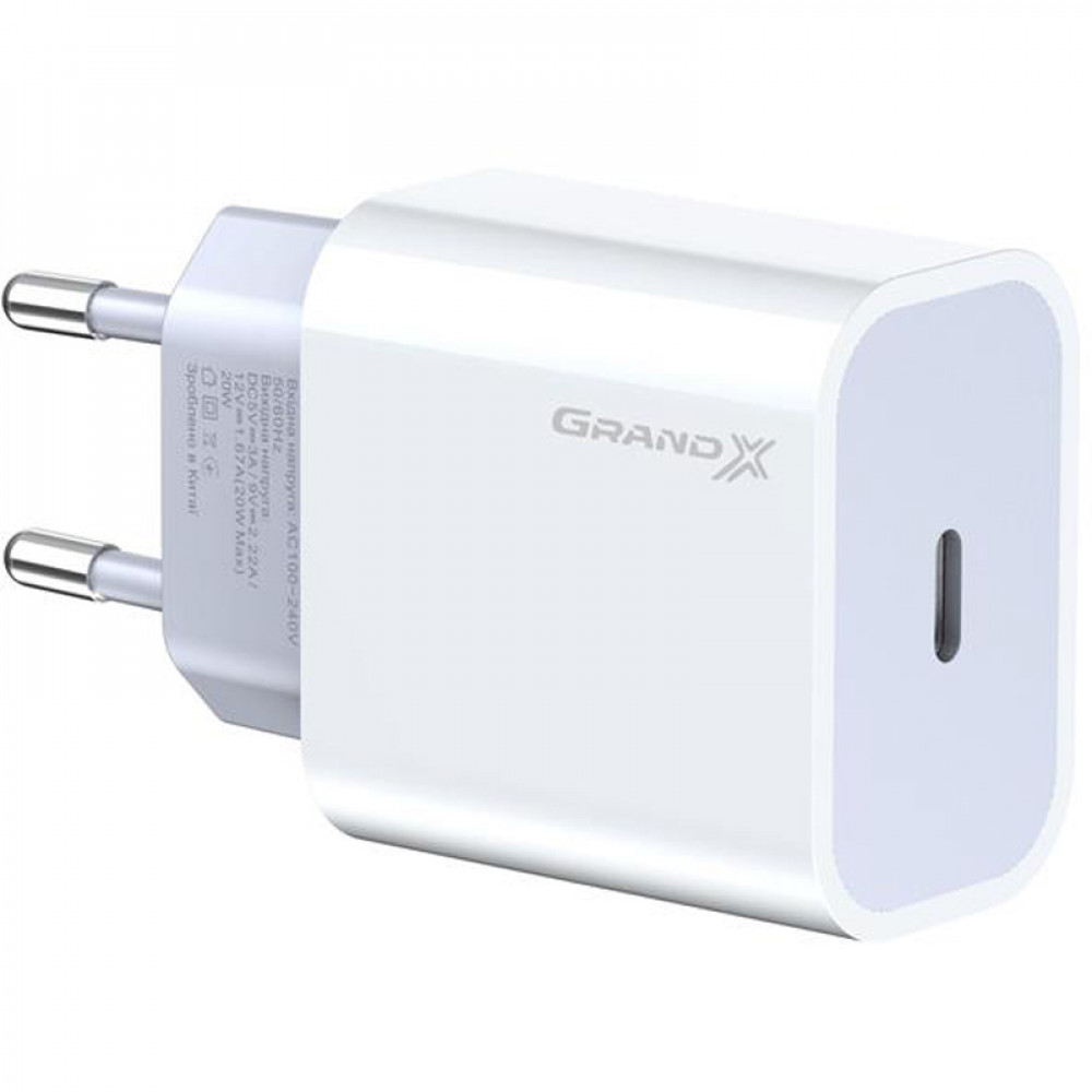 Мережевий зарядний пристрій Grand-X (1xUSB-C 20W) QC4.0, PD 3.0, FCP, AFC White (CH-770)