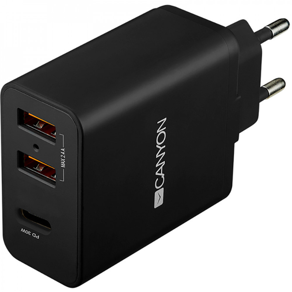 Мережевий зарядний пристрій Canyon (2USB, 2.4A) Black (CNE-CHA08B)