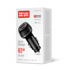 Автомобільний зарядний пристрій ColorWay 2USB (Type-C PD65W + USB QC3.0 18W) 83W Black (CW-CHA068PD-BK)