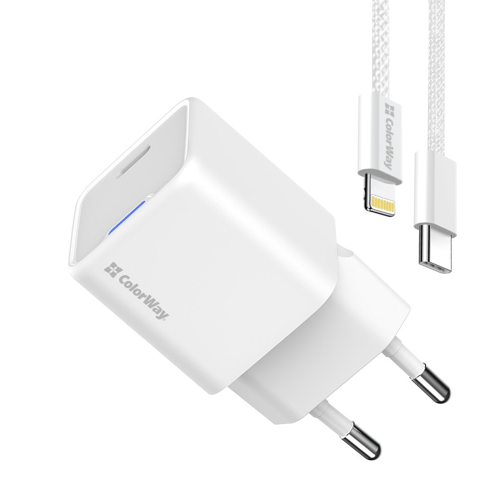 Мережевий зарядний пристрій ColorWay GaN Mini 20W PD Port PPS USB-C White (CW-CHS059PD-WT) + кабель Lightning