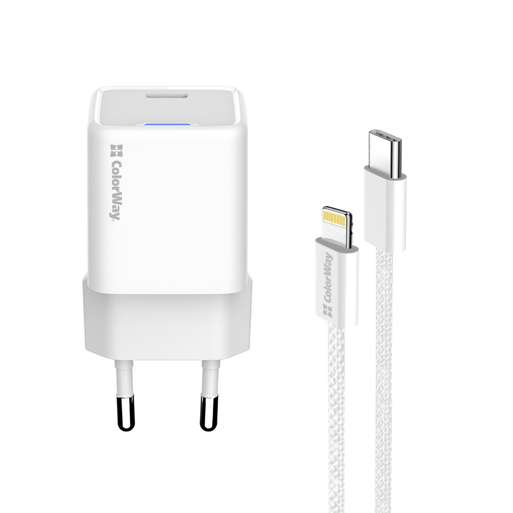 Мережевий зарядний пристрій ColorWay GaN Mini 20W PD Port PPS USB-C White (CW-CHS059PD-WT) + кабель Lightning