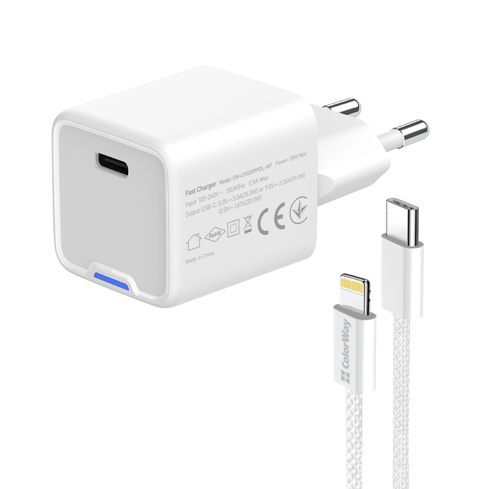 Мережевий зарядний пристрій ColorWay GaN Mini 20W PD Port PPS USB-C White (CW-CHS059PD-WT) + кабель Lightning
