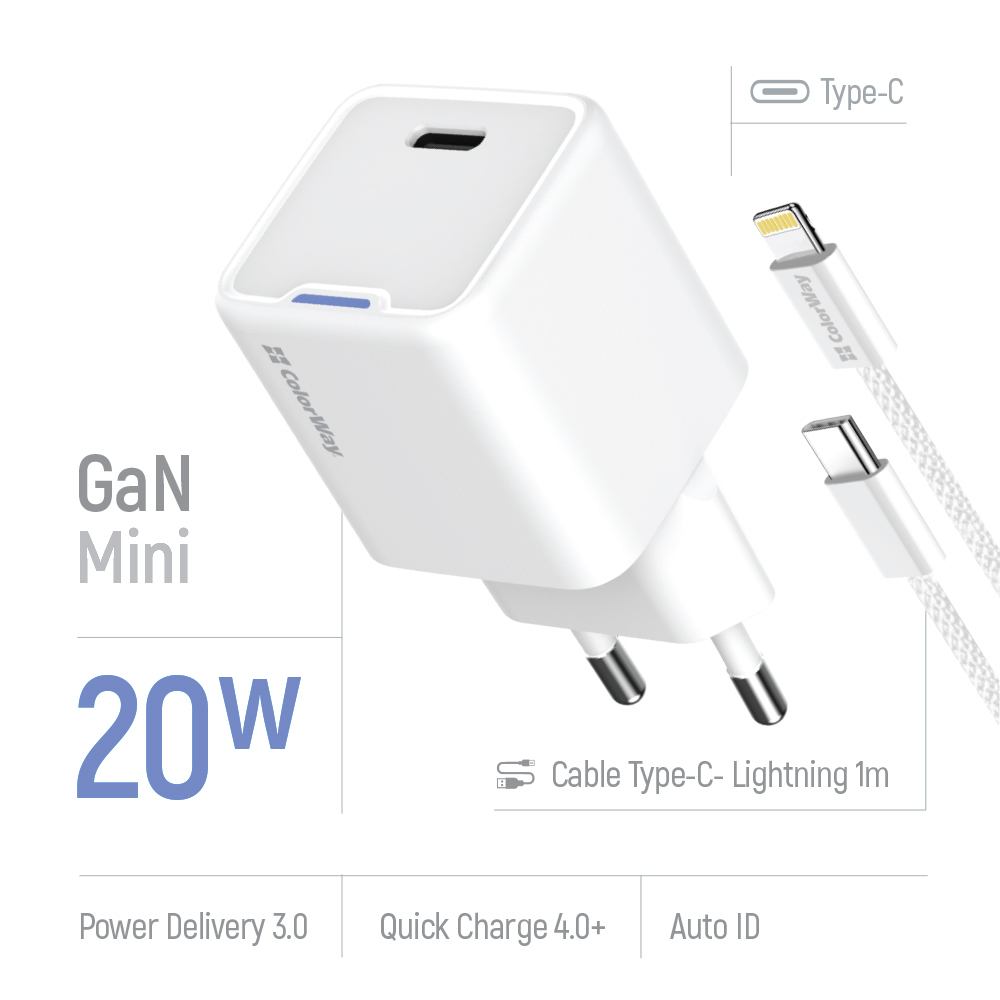 Мережевий зарядний пристрій ColorWay GaN Mini 20W PD Port PPS USB-C White (CW-CHS059PD-WT) + кабель Lightning