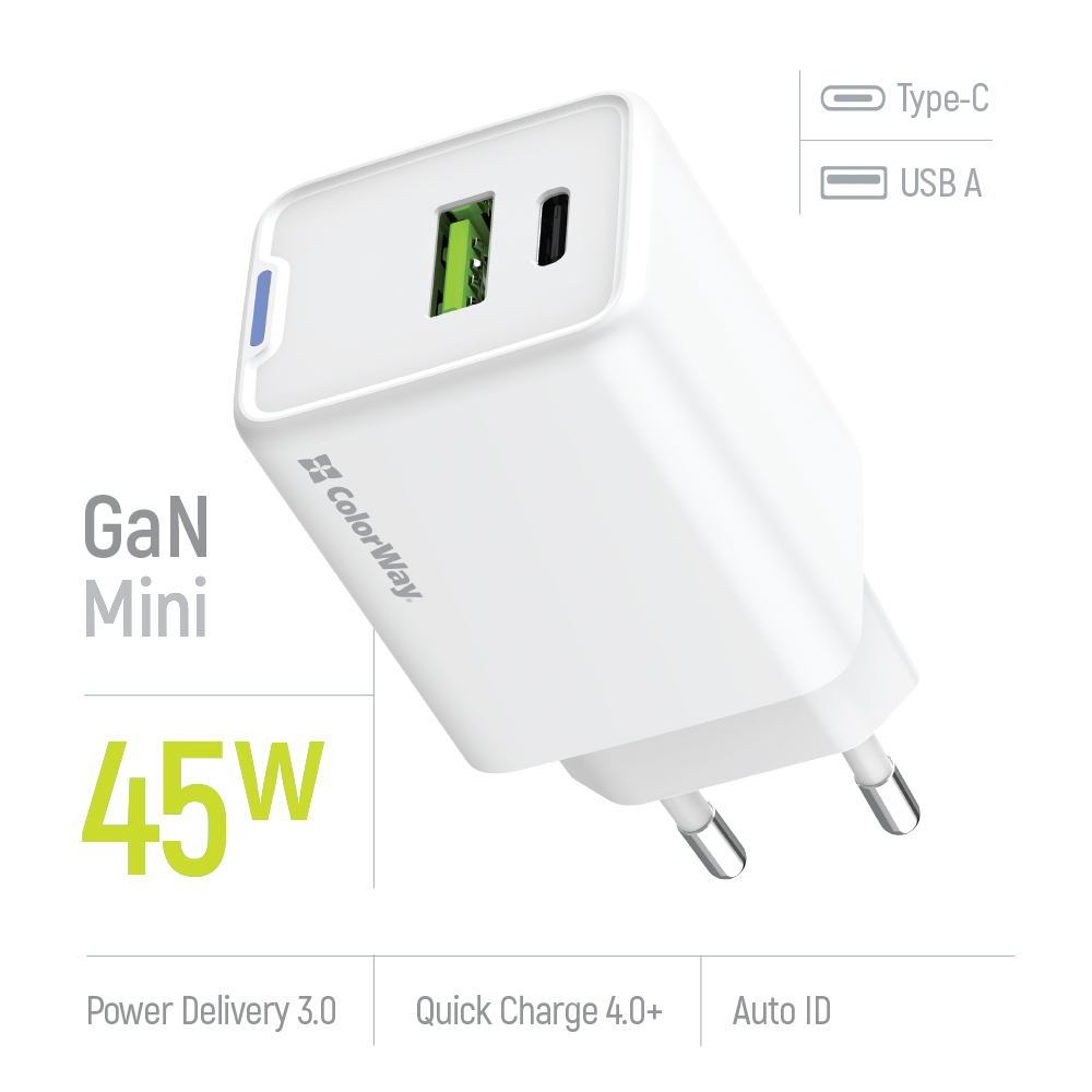 Мережевий зарядний пристрій ColorWay GaN Mini 45W PD Port PPS USB (Type-C PD + USB QC4.0) White (CW-CHS060PD-WT)