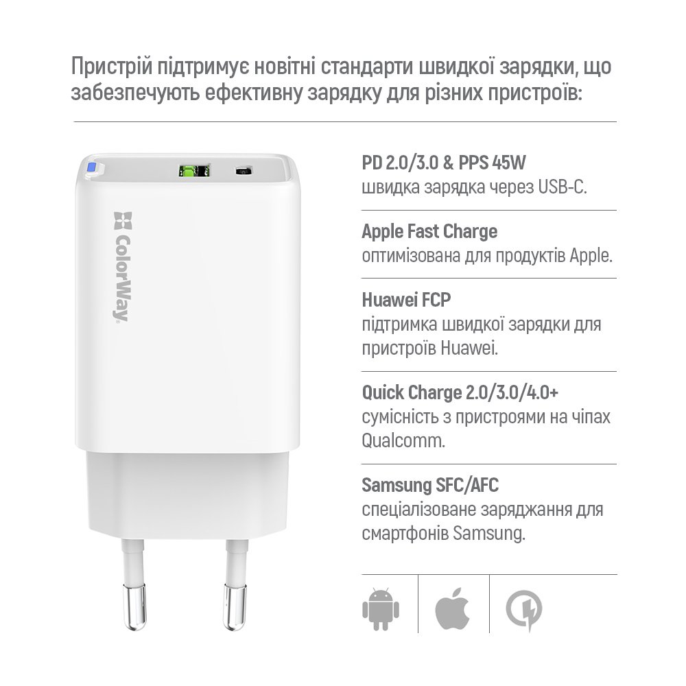 Мережевий зарядний пристрій ColorWay GaN Mini 45W PD Port PPS USB (Type-C PD + USB QC4.0) White (CW-CHS060PD-WT)