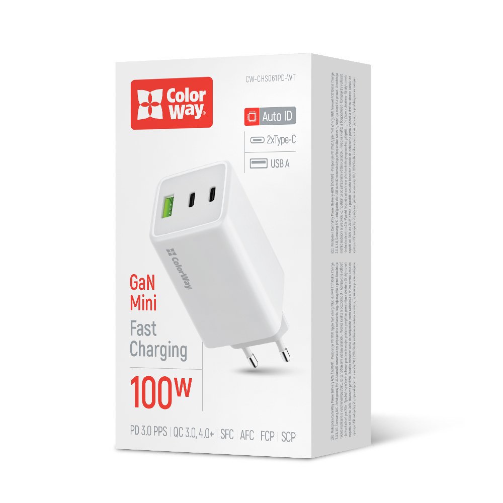 Мережевий зарядний пристрій ColorWay GaN Mini 100W PD Port PPS USB (USB-2C1A) White (CW-CHS061PD-WT)