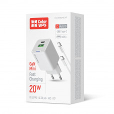 Мережевий зарядний пристрій ColorWay GaN Mini 20W PD Port PPS USB (Type-C PD + USB QC4.0) White (CW-CHS062PDC-WT) + кабель Type-C Мережевий зарядний пристрій ColorWay GaN Mini 20W PD Port PPS USB (Type-C PD + USB QC4.0) White (CW-CHS062PDC-WT) + кабель Type-C