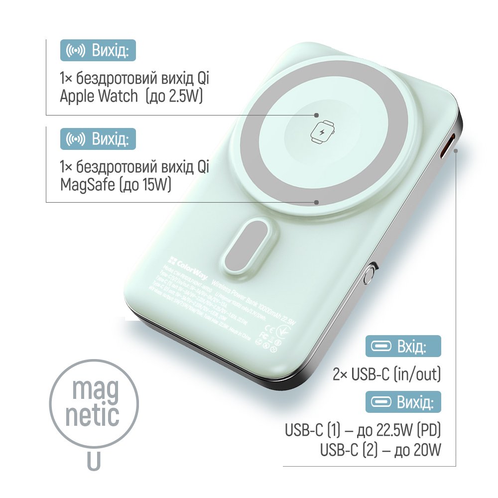 Універсальна мобільна батарея ColorWay 15W MagSafe & Watch Wireless 10000mAh Aquamarine (CW-PB100LPA2MT-WPDD)