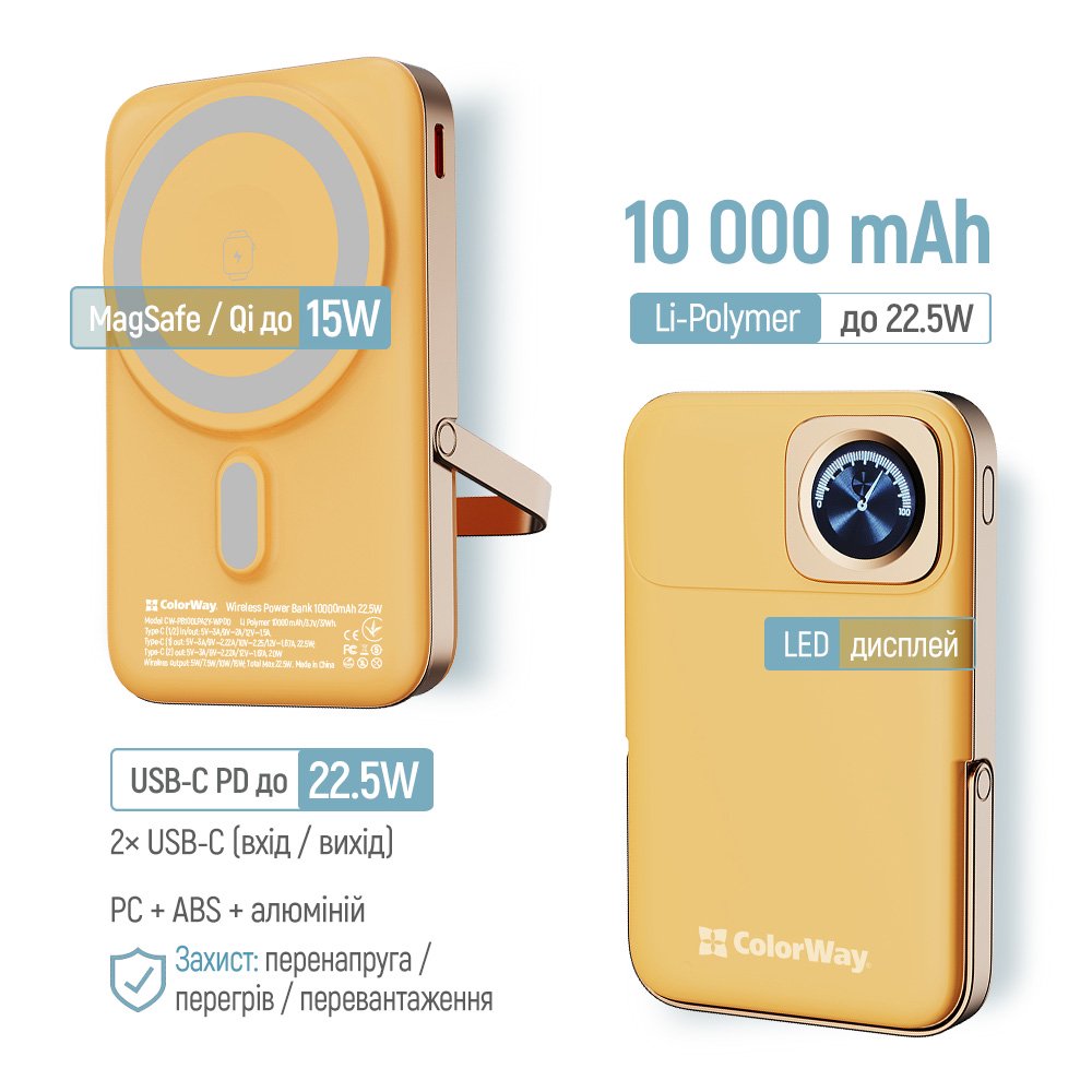 Універсальна мобільна батарея ColorWay 15W MagSafe & Watch Wireless 10000mAh Amber (CW-PB100LPA2Y-WPDD)