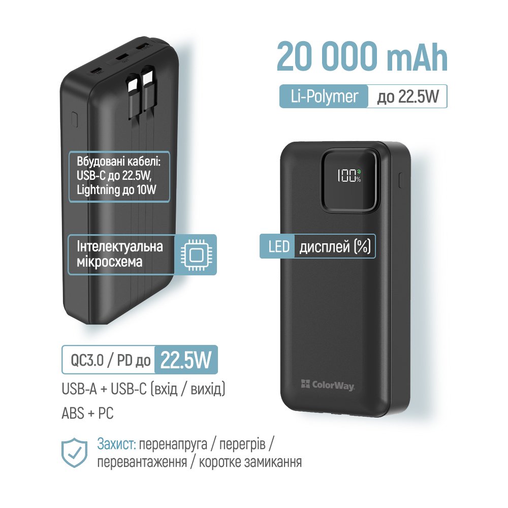 Універсальна мобільна батарея ColorWay Optimal Power 20000mAh Black (CW-PB200LPB5BK-PDD)