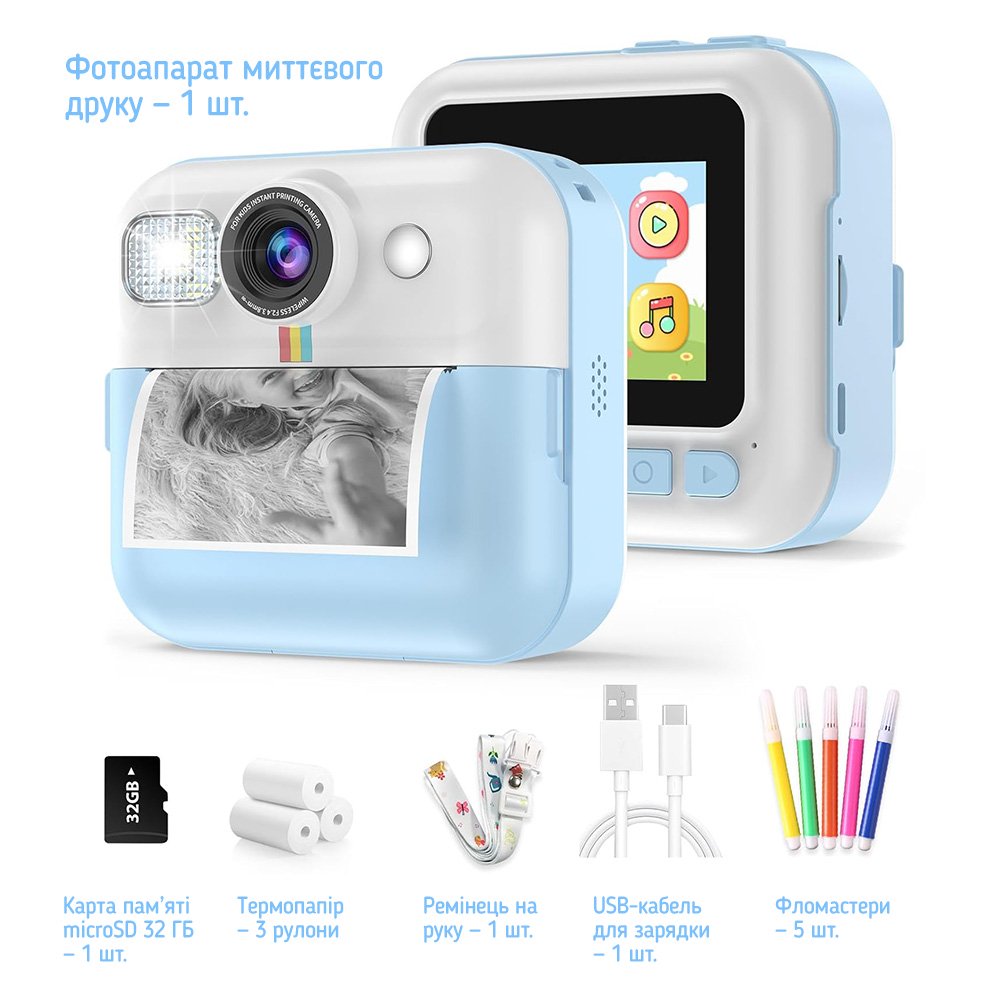 Дитячий фотоапарат ColorWay з функцією моментального друку Blue (CW-PHP01B)