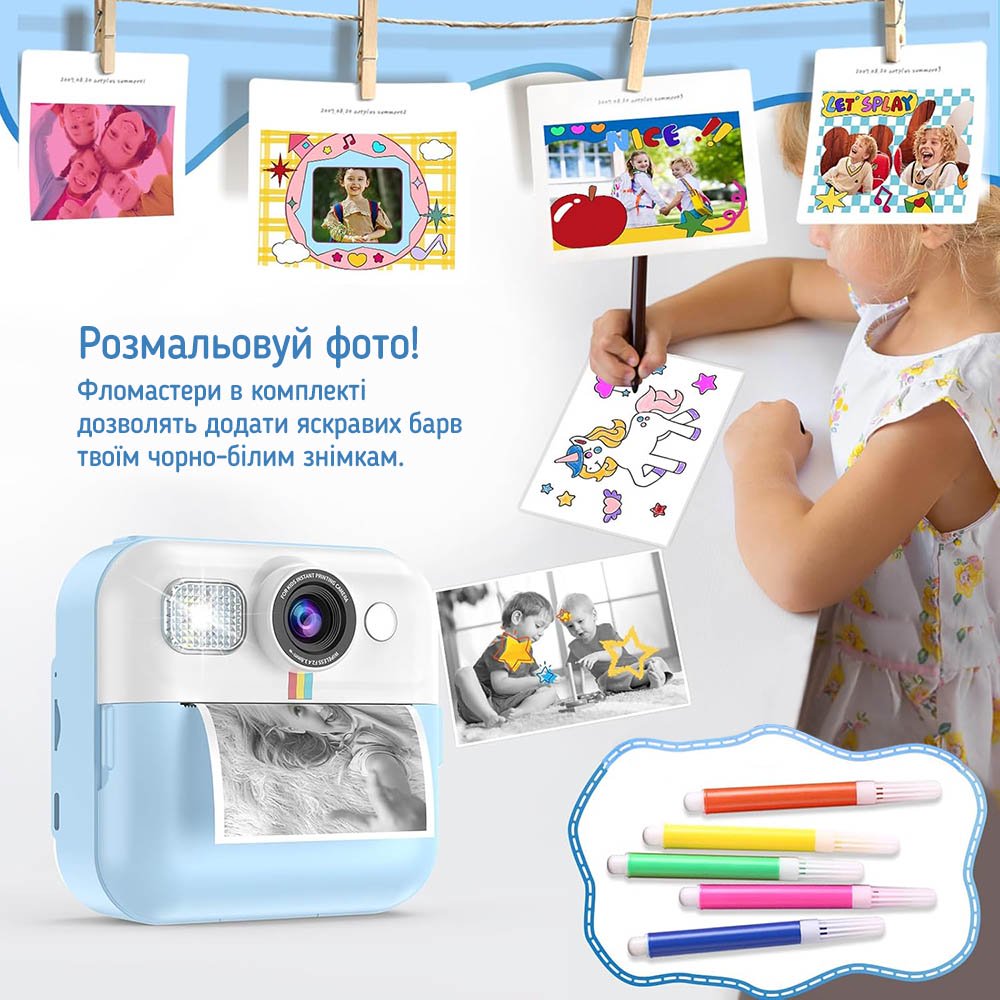 Дитячий фотоапарат ColorWay з функцією моментального друку Blue (CW-PHP01B)