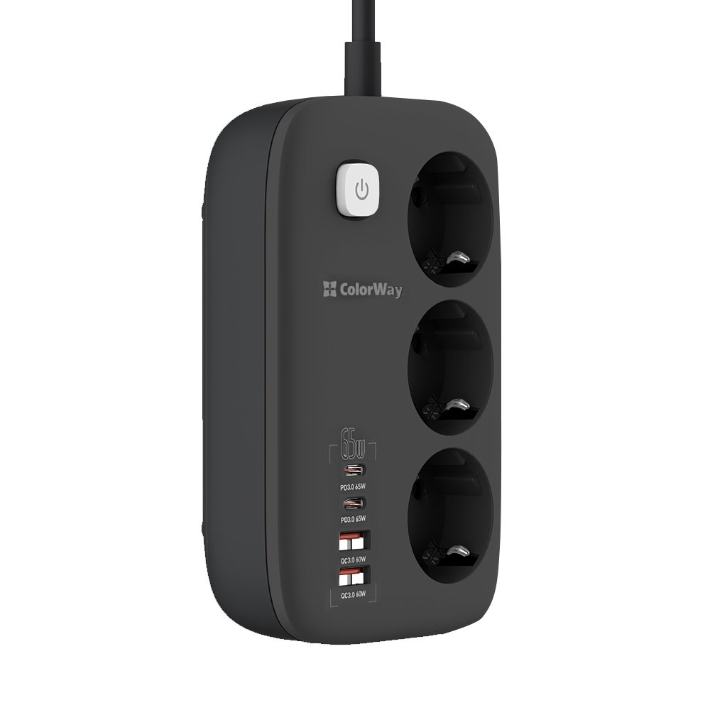 Фільтр живлення ColorWay CW-CHE34PDB GaN3 Pro PD 65W (2USB-A + 2 TYPE-C) 3 розетки, 4 USB, 2 м, чорний