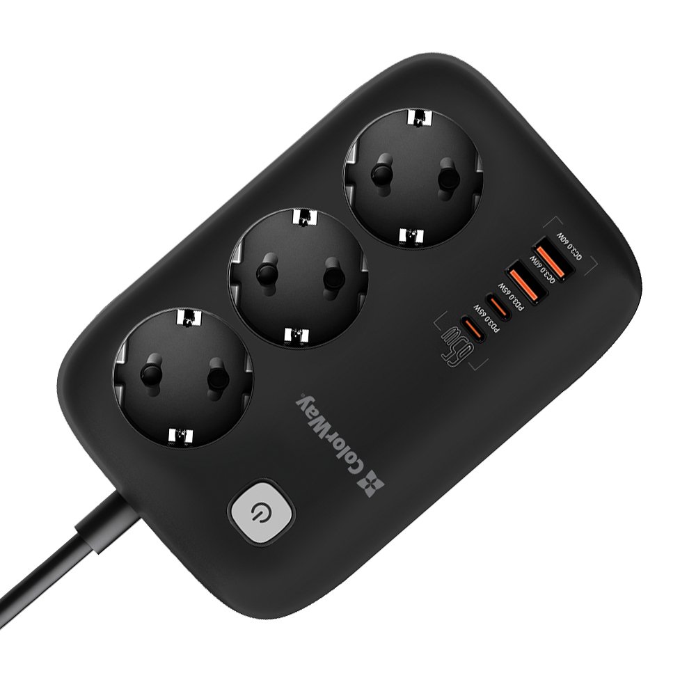 Фільтр живлення ColorWay CW-CHE34PDB GaN3 Pro PD 65W (2USB-A + 2 TYPE-C) 3 розетки, 4 USB, 2 м, чорний