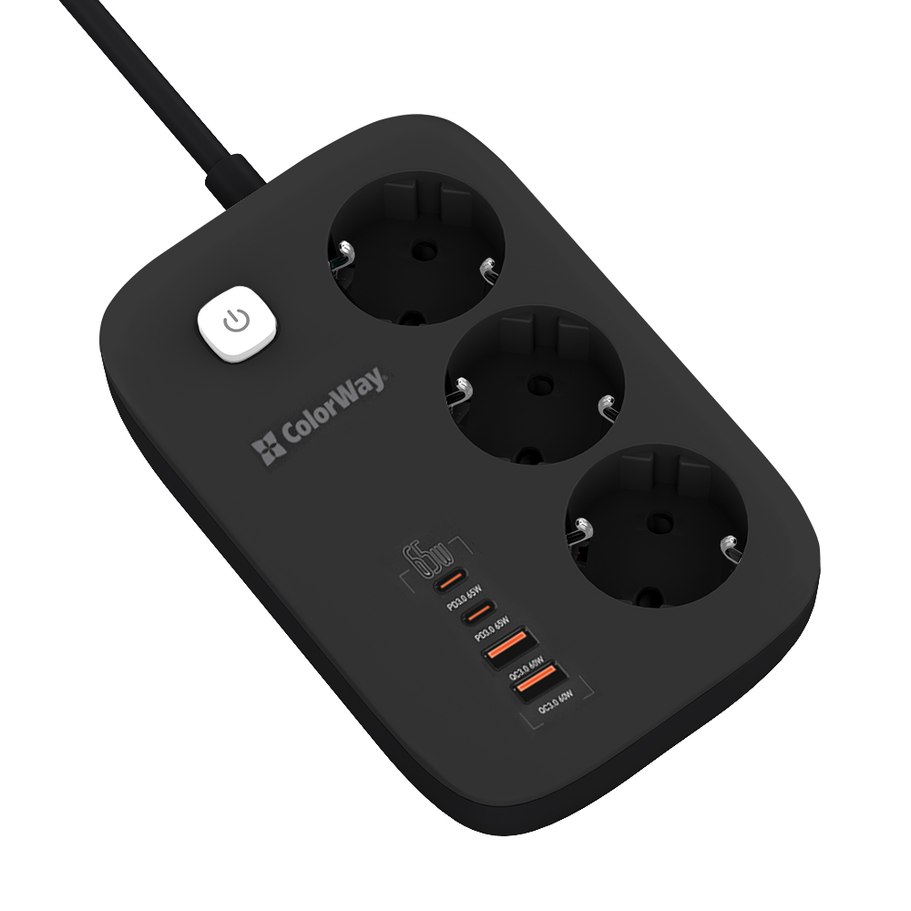 Фільтр живлення ColorWay CW-CHE34PDB GaN3 Pro PD 65W (2USB-A + 2 TYPE-C) 3 розетки, 4 USB, 2 м, чорний