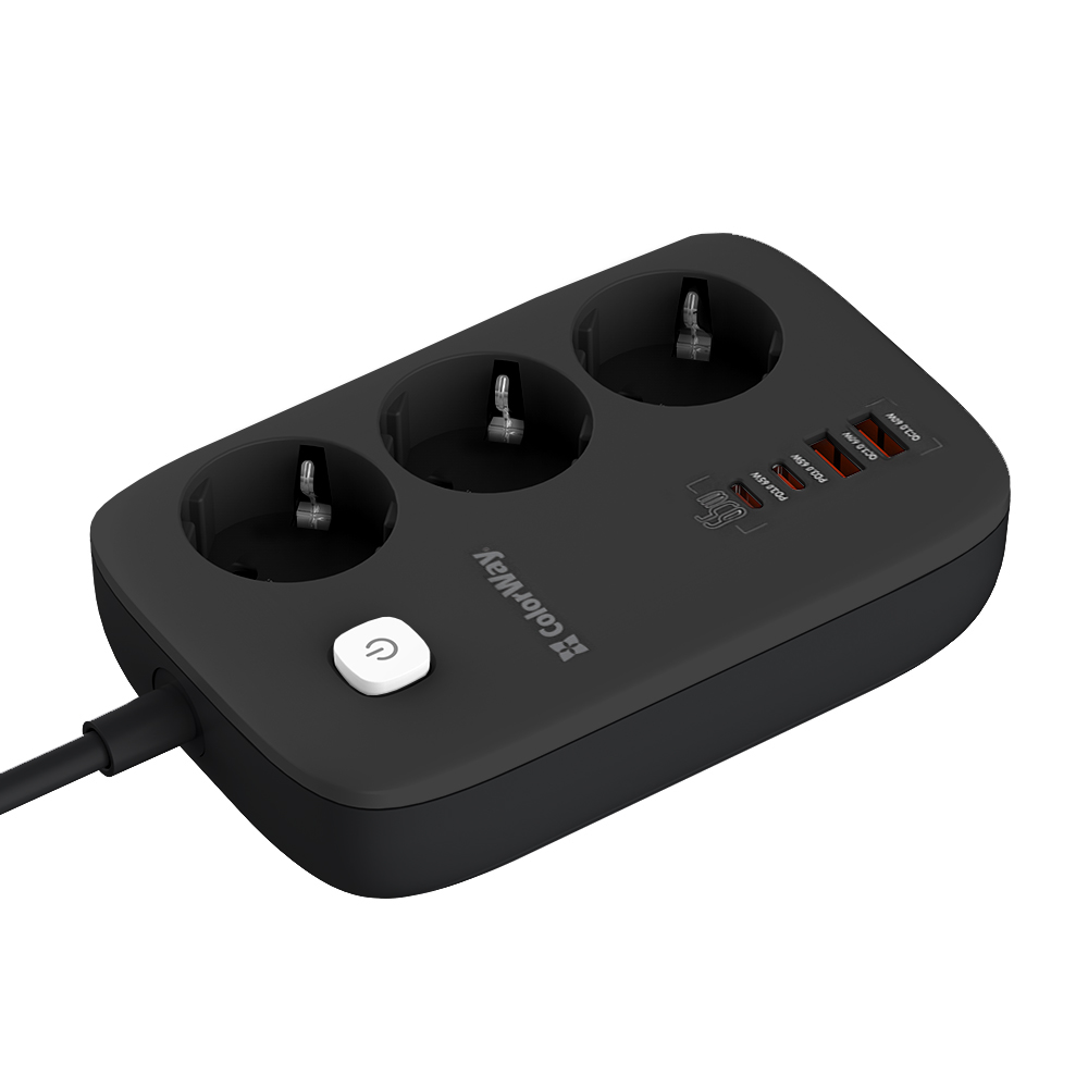 Фільтр живлення ColorWay CW-CHE34PDB GaN3 Pro PD 65W (2USB-A + 2 TYPE-C) 3 розетки, 4 USB, 2 м, чорний