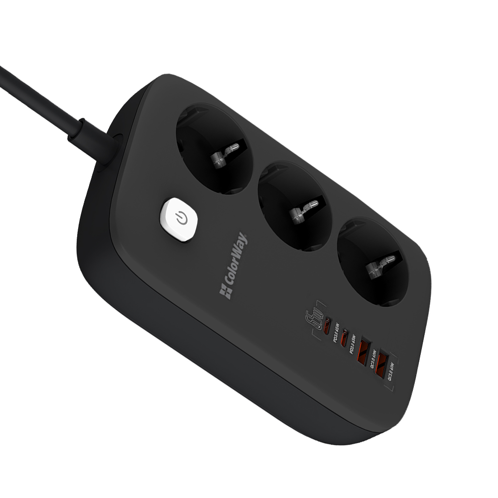 Фільтр живлення ColorWay CW-CHE34PDB GaN3 Pro PD 65W (2USB-A + 2 TYPE-C) 3 розетки, 4 USB, 2 м, чорний