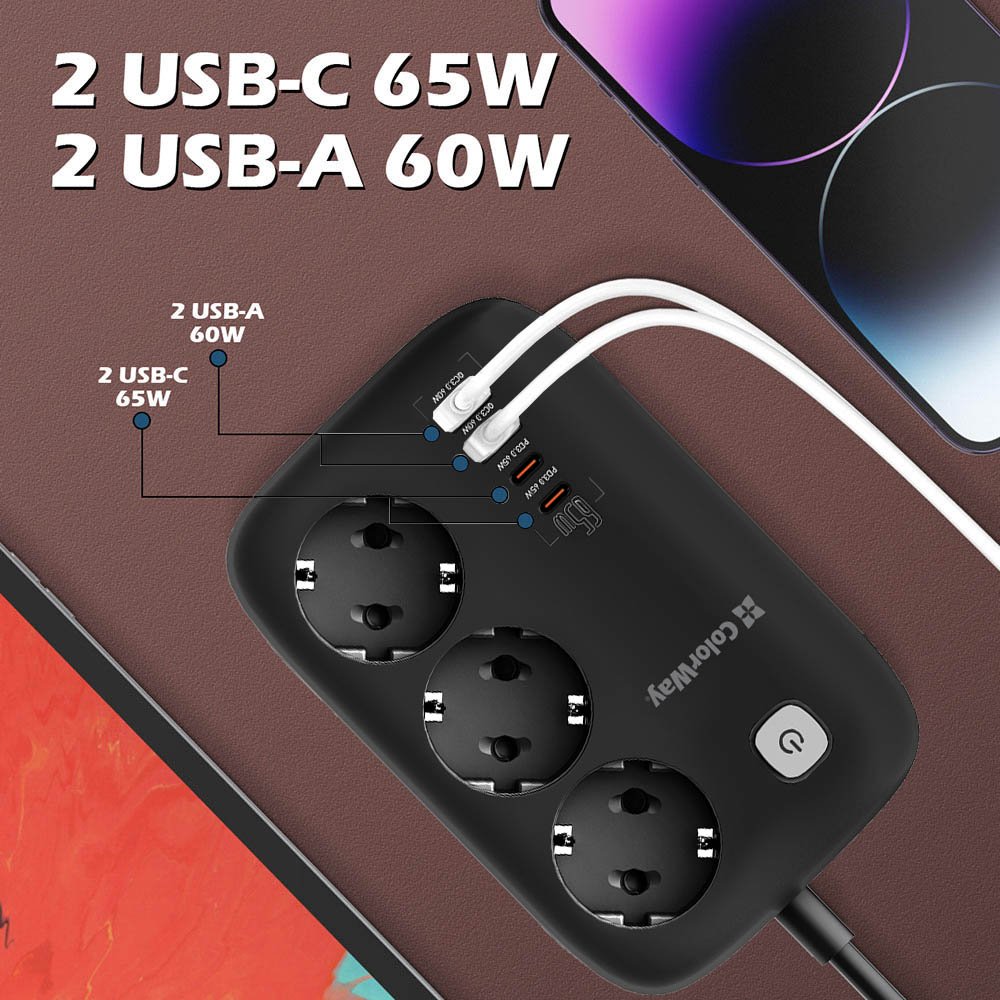 Фільтр живлення ColorWay CW-CHE34PDB GaN3 Pro PD 65W (2USB-A + 2 TYPE-C) 3 розетки, 4 USB, 2 м, чорний