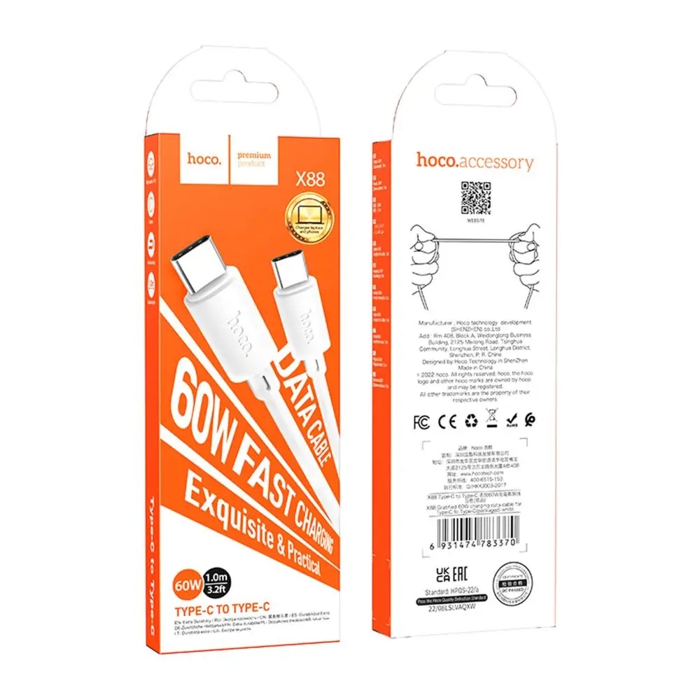 Кабель Hoco X88 Gratified 60W USB Type-C - USB Type-C (M/M), 1 м, White (6931474783370)