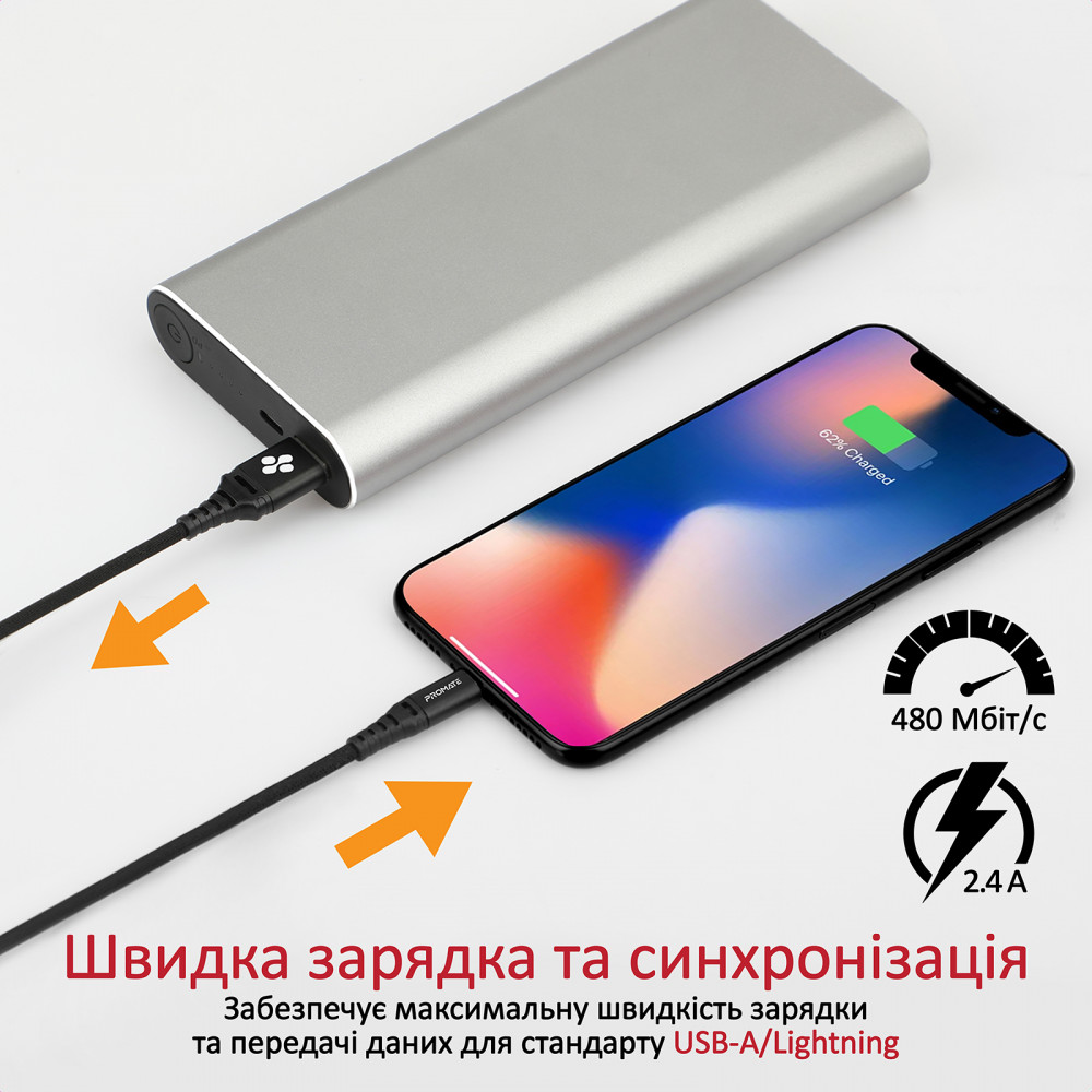 Кабель Promate NerveLink-i USB - Lightning (M/M), 2.4 A, 1.2 м, Black