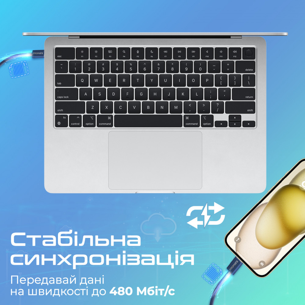 Кабель Promate EcoLine-Ci120 USB Type-C - Lightning (M/M), 3 A, 27 W, 1.2 м, Navy