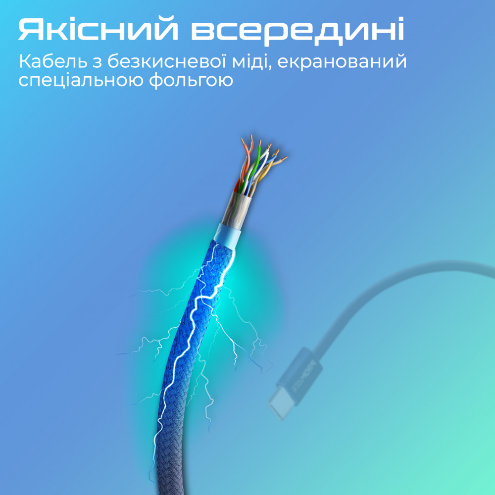 Кабель Promate EcoLine-Ci120 USB Type-C - Lightning (M/M), 3 A, 27 W, 1.2 м, Navy