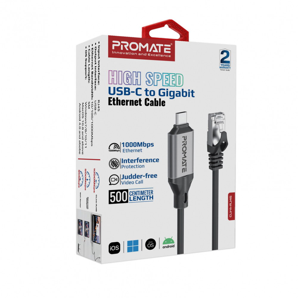Кабель Promate Clink USB Type-C - RJ-45, 5 м, Black