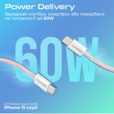 Кабель Promate EcoLine-CC200 USB Type-C - USB Type-C (M/M), 3 A, 60 W, 2 м, Pink