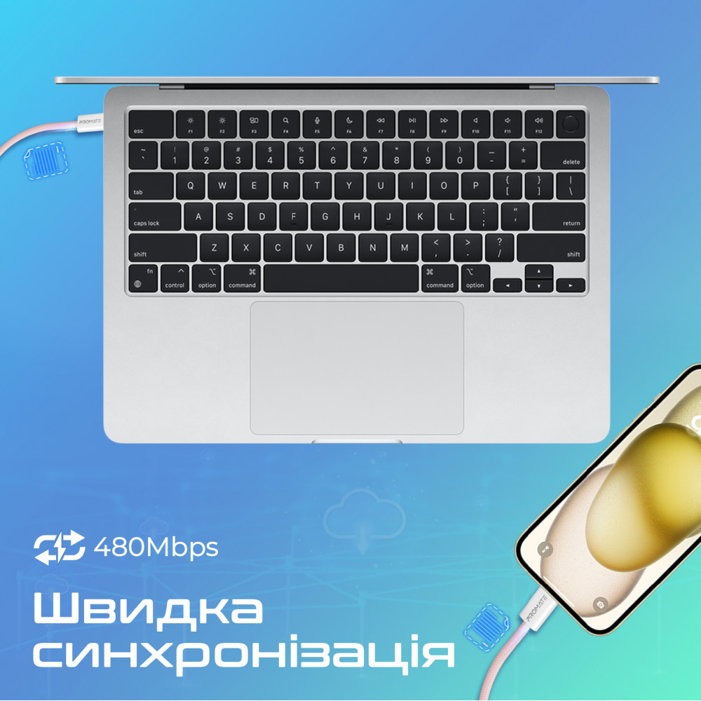Кабель Promate EcoLine-CC200 USB Type-C - USB Type-C (M/M), 3 A, 60 W, 2 м, Pink