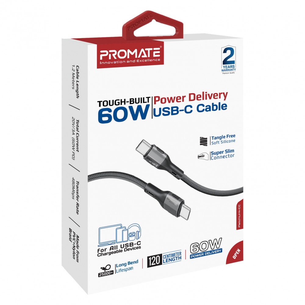 Кабель Promate USB Type-C - USB Type-C (M/M), 3A, 60W, 1.2 м, Black (fletchlink-cc.black)