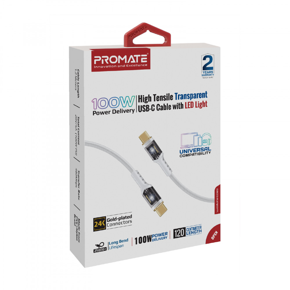 Кабель Promate Lucidline-CC120 USB Type-C - USB Type-C (M/M), 5 A, 100 W, 1.2 м, White