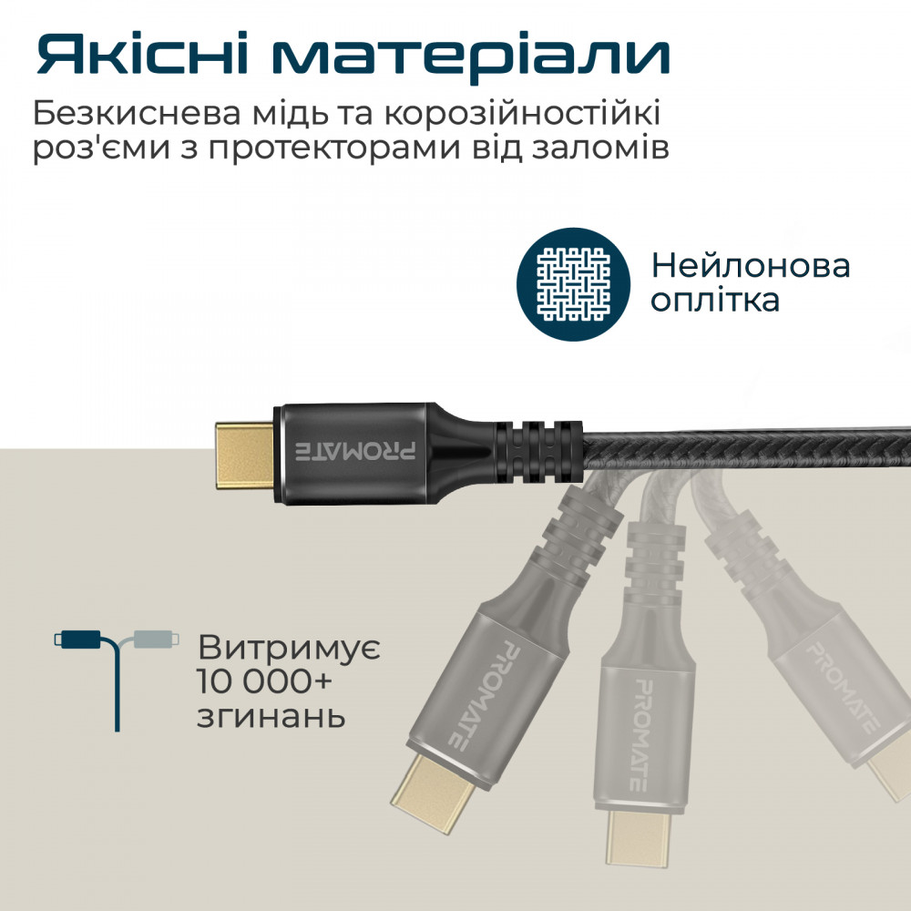 Кабель Promate PowerBolt240 USB Type-C - USB Type-C (M/M), 5 A, 240 W, 1 м, Black