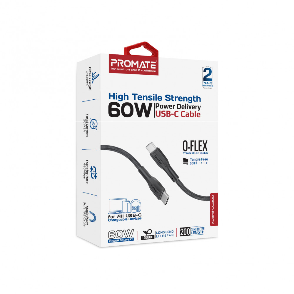 Кабель Promate xCord-CC200 USB Type-C - USB Type-C (M/M), 2 м, Black (xcord-cc200.black)