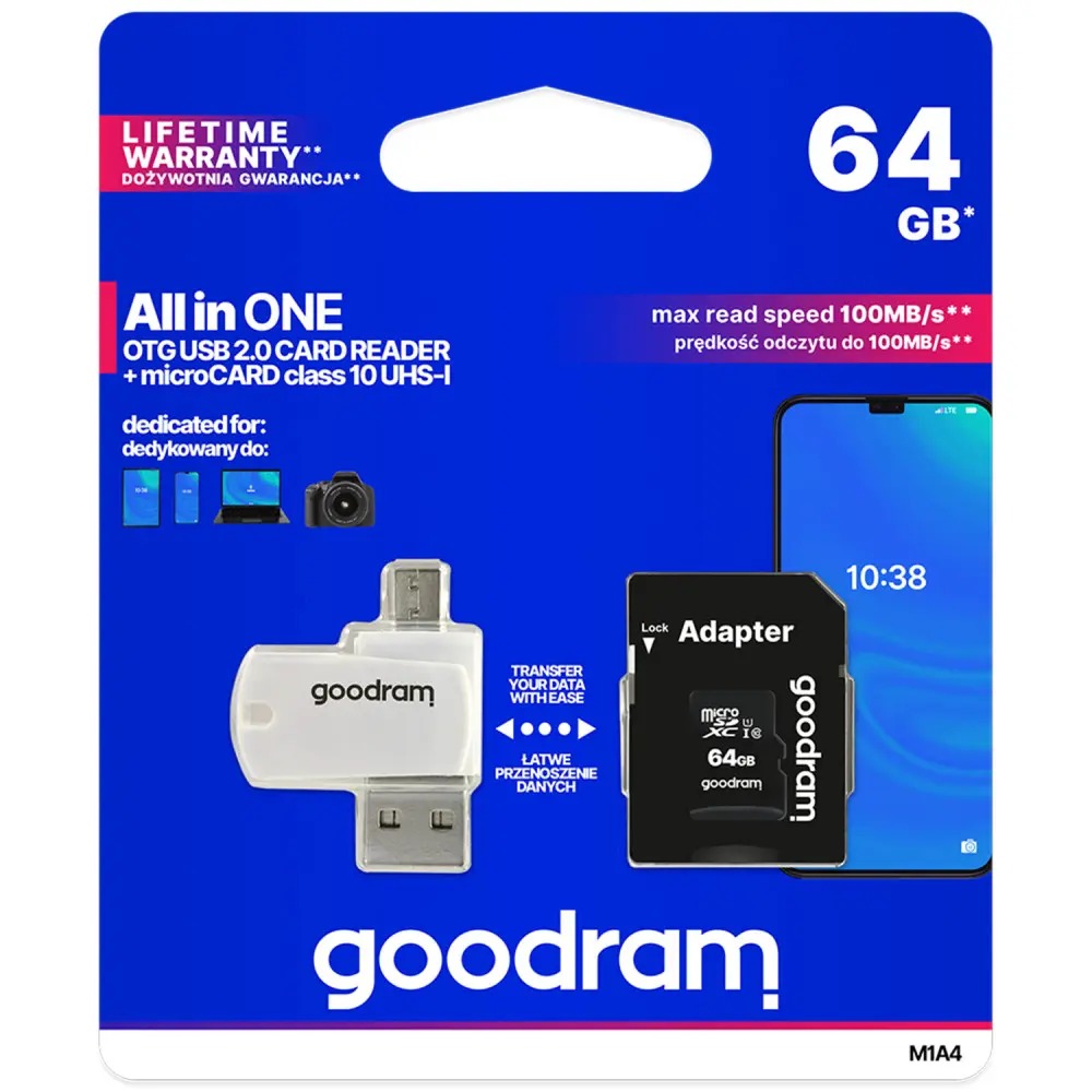 Карта пам`ятi MicroSDXC 64GB UHS-I Class 10 Goodram + SD-adapter + OTG Card reader (M1A4-0640R12)