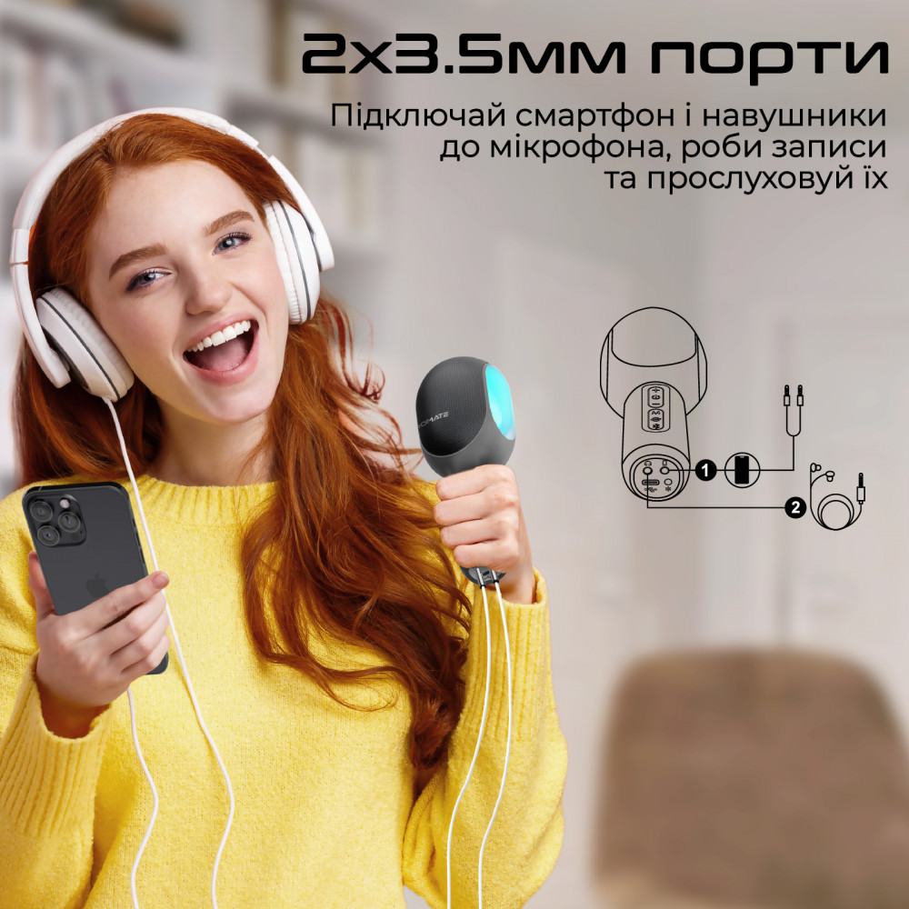Мікрофон для караоке Promate VocalMic Bluetooth LED Black