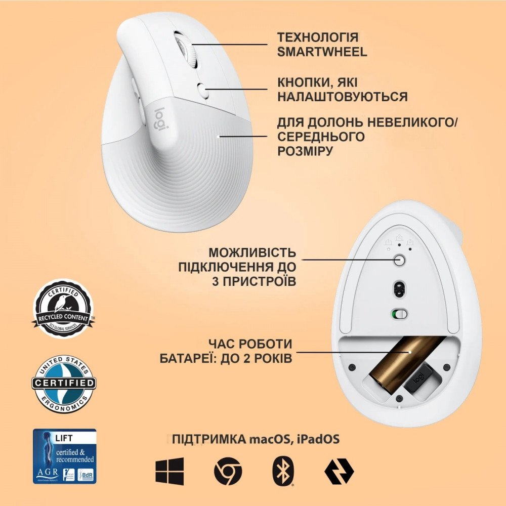 Миша бездротова Logitech Lift Vertical Ergonomic White (910-006475)