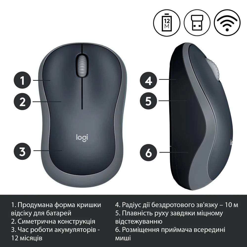 Миша бездротова Logitech M185 Grey (910-002238)