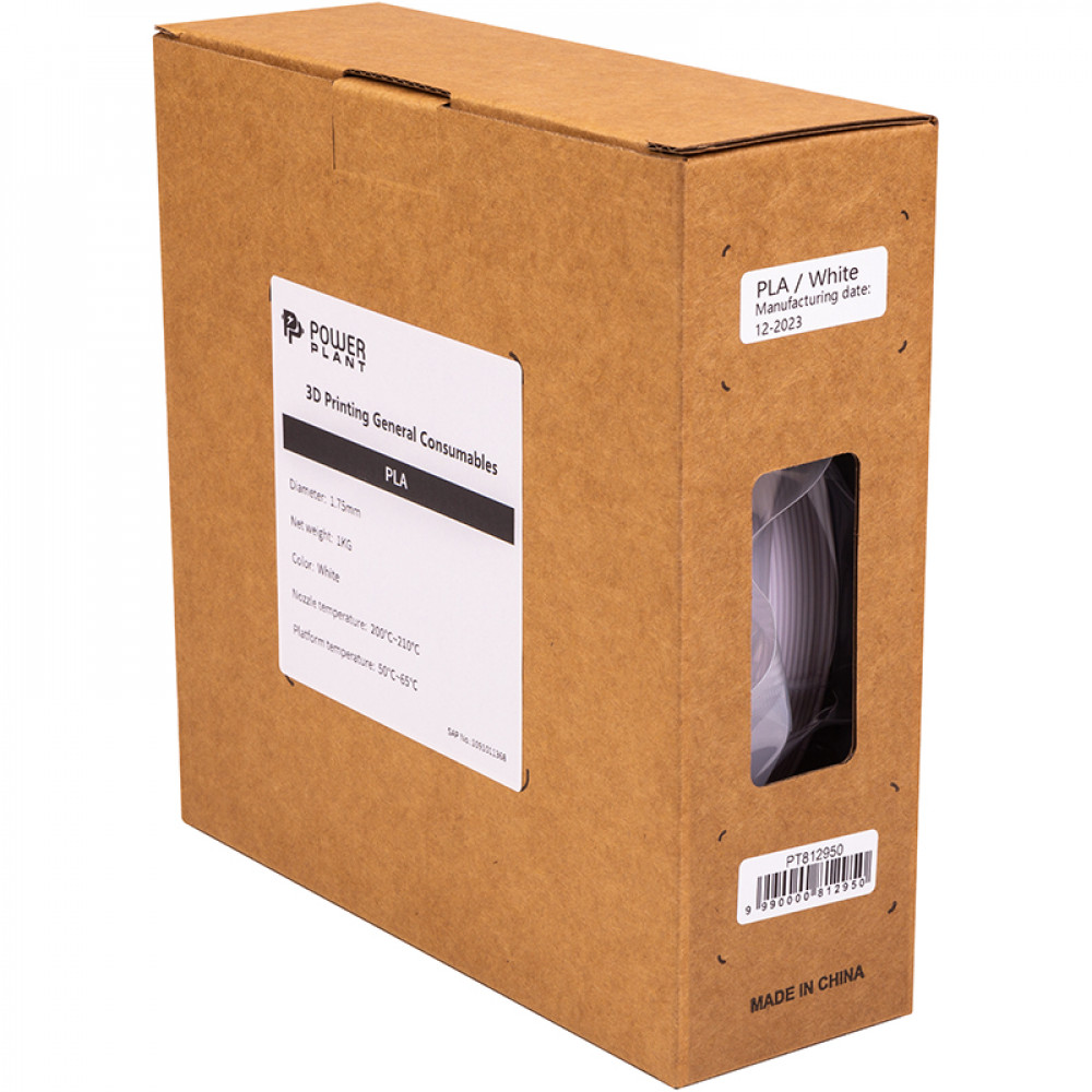 PLA-пластик PowerPlant Filament для 3D-принтера 1.75 мм 1 кг, білий (PT812950)
