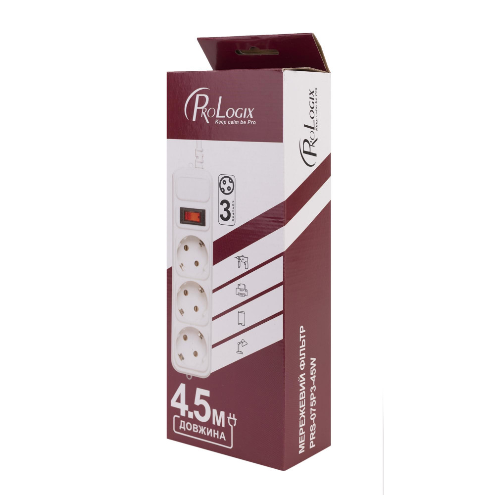 Фільтр живлення ProLogix (PRS-075P3-45W) 2.2 кВт, 3 розетки, 4.5 м, білий