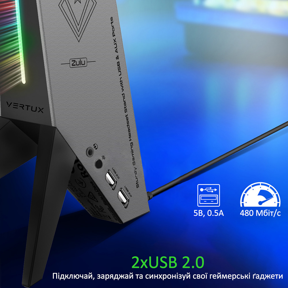 Підставка для навушників Vertux Zulu 2xUSB 2.0 / Mini Jack 3.5 мм Black