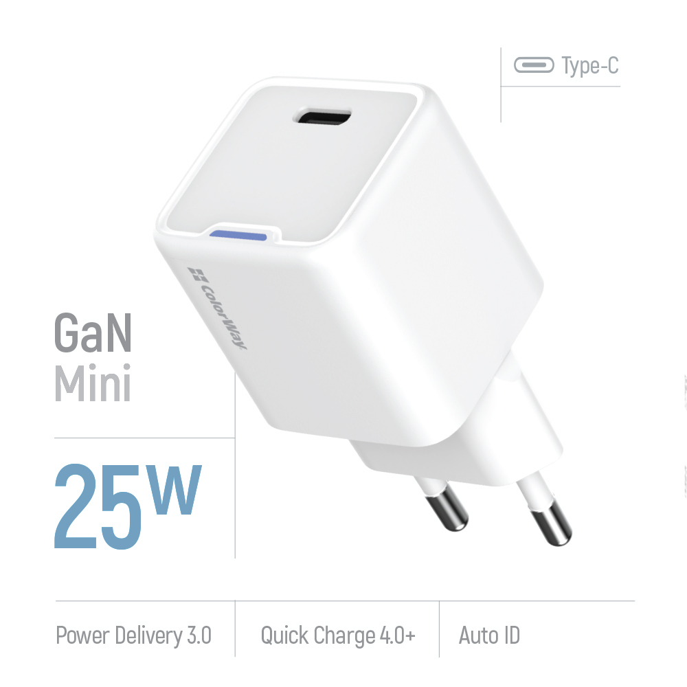 Мережевий зарядний пристрій ColorWay GaN Mini 25W PD Port PPS USB-C White (CW-CHS052PD-WT)