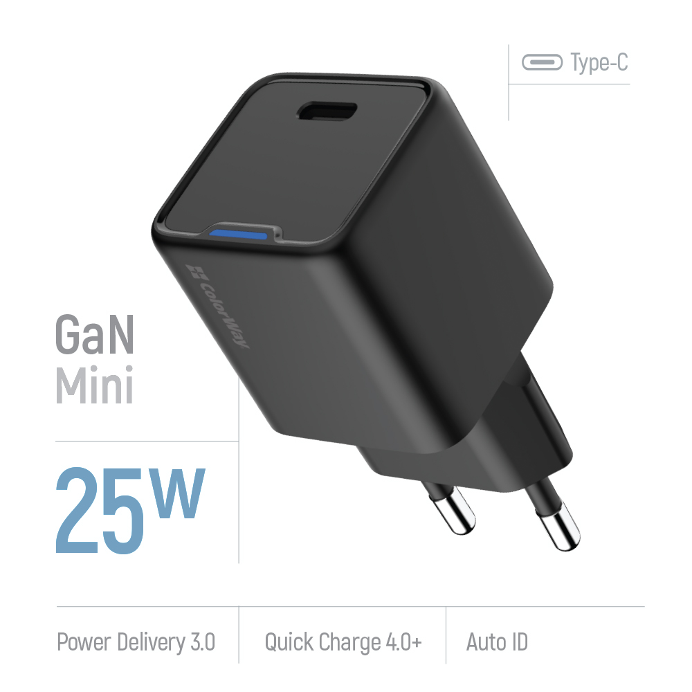 Мережевий зарядний пристрій ColorWay GaN Mini 25W PD Port PPS USB-C Black (CW-CHS052PD-BK)