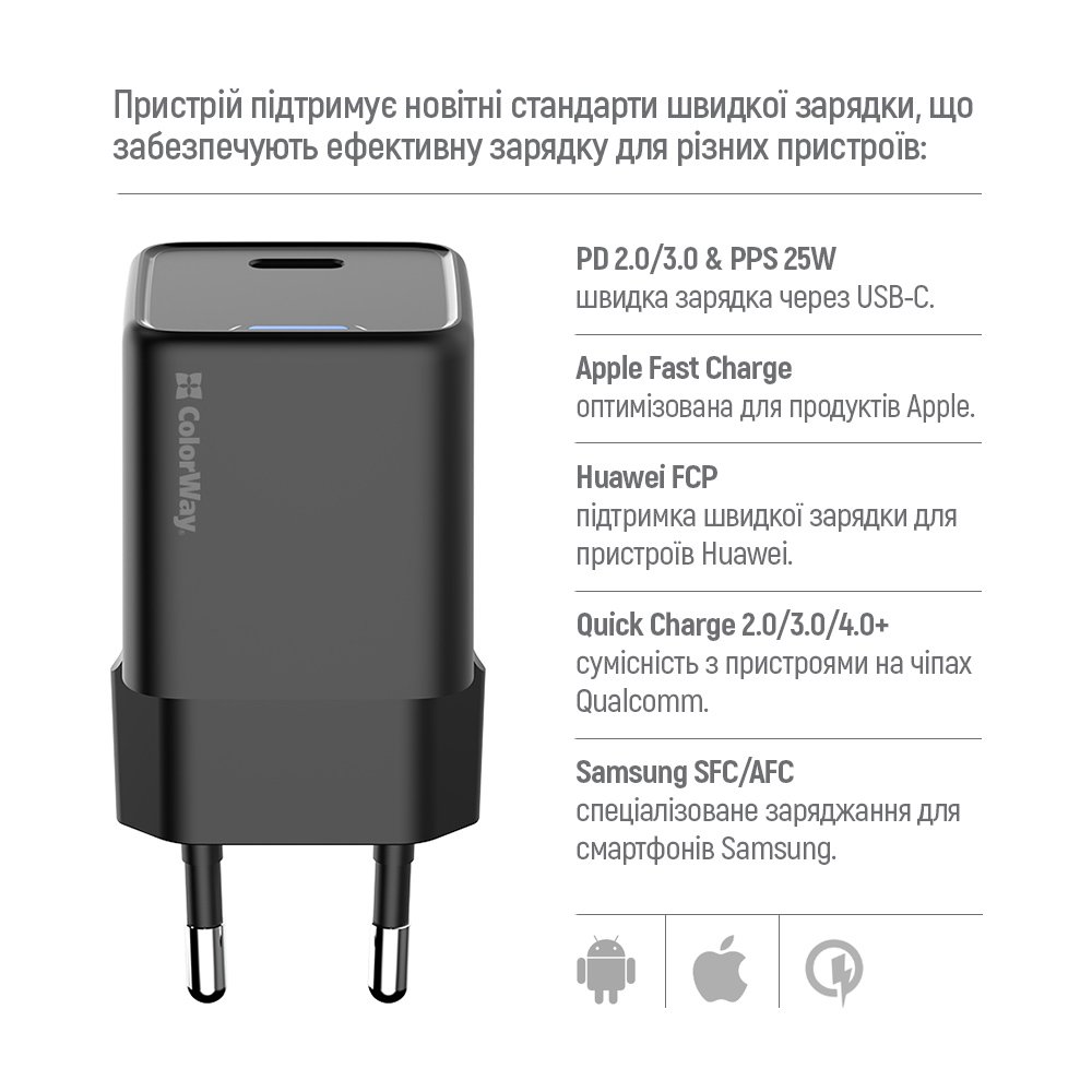 Мережевий зарядний пристрій ColorWay GaN Mini 25W PD Port PPS USB-C Black (CW-CHS052PD-BK)