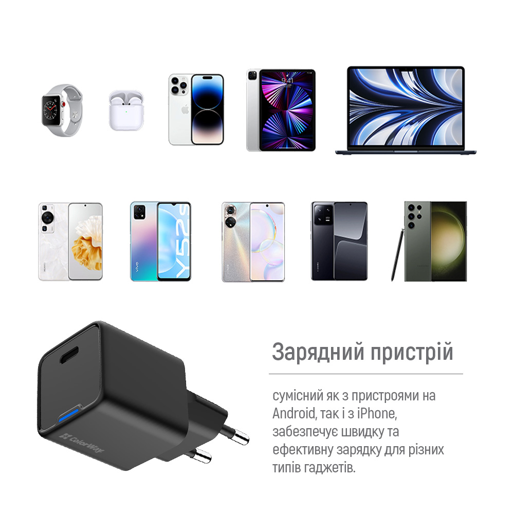 Мережевий зарядний пристрій ColorWay GaN Mini 25W PD Port PPS USB-C Black (CW-CHS052PD-BK)