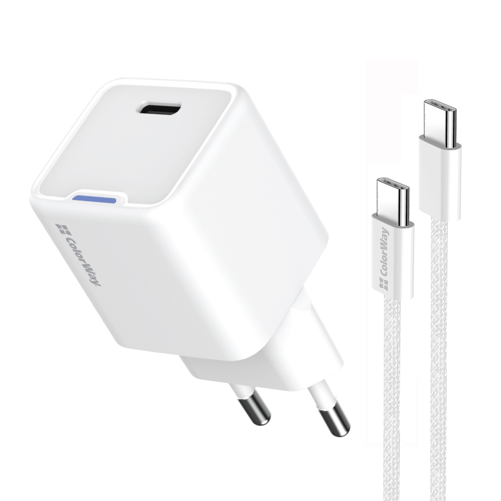 Мережевий зарядний пристрій ColorWay GaN Mini 25W PD Port PPS USB-C White (CW-CHS052PDC-WT) + кабель USB Type-C