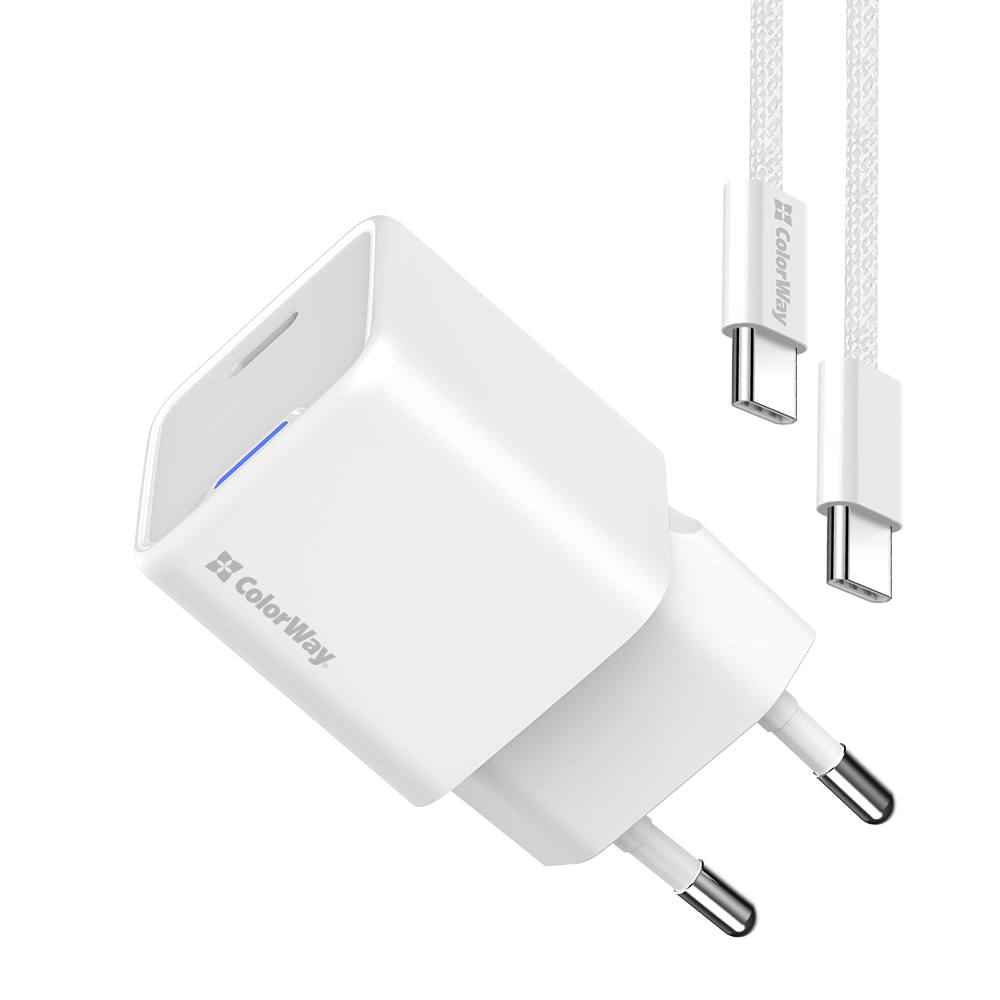 Мережевий зарядний пристрій ColorWay GaN Mini 25W PD Port PPS USB-C White (CW-CHS052PDC-WT) + кабель USB Type-C