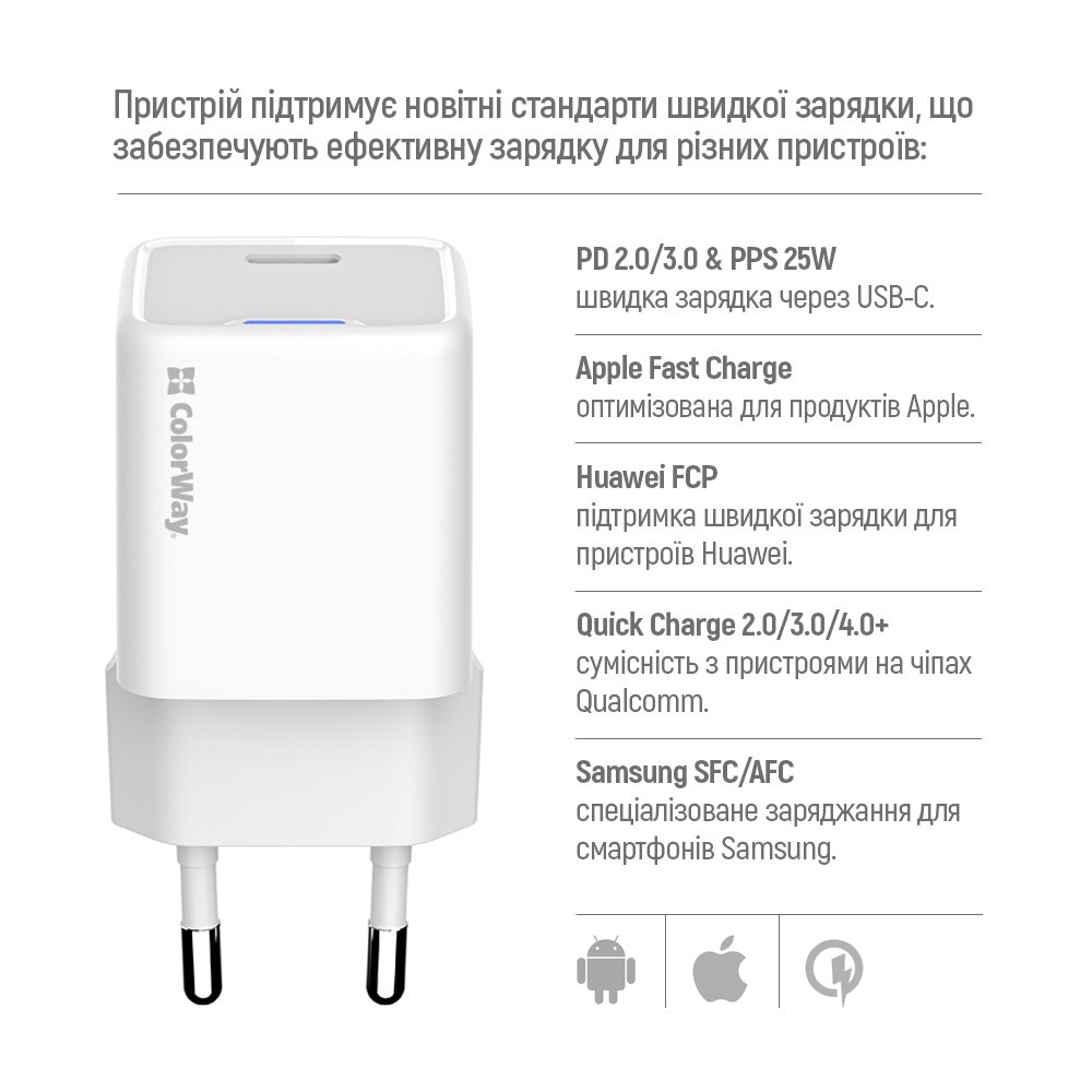 Мережевий зарядний пристрій ColorWay GaN Mini 25W PD Port PPS USB-C White (CW-CHS052PDC-WT) + кабель USB Type-C