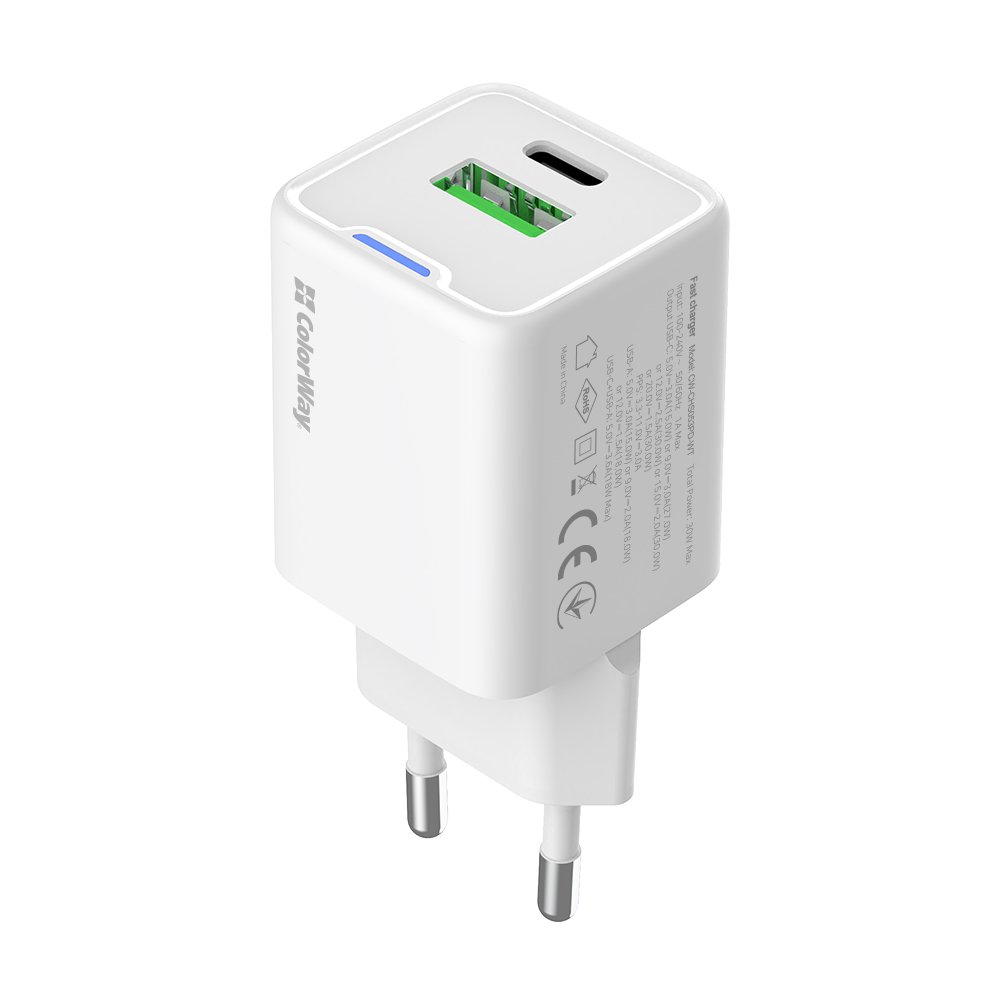 Мережевий зарядний пристрій ColorWay GaN Mini 30W PD Port PPS USB (Type-C PD + USB QC4.0) White (CW-CHS053PD-WT)